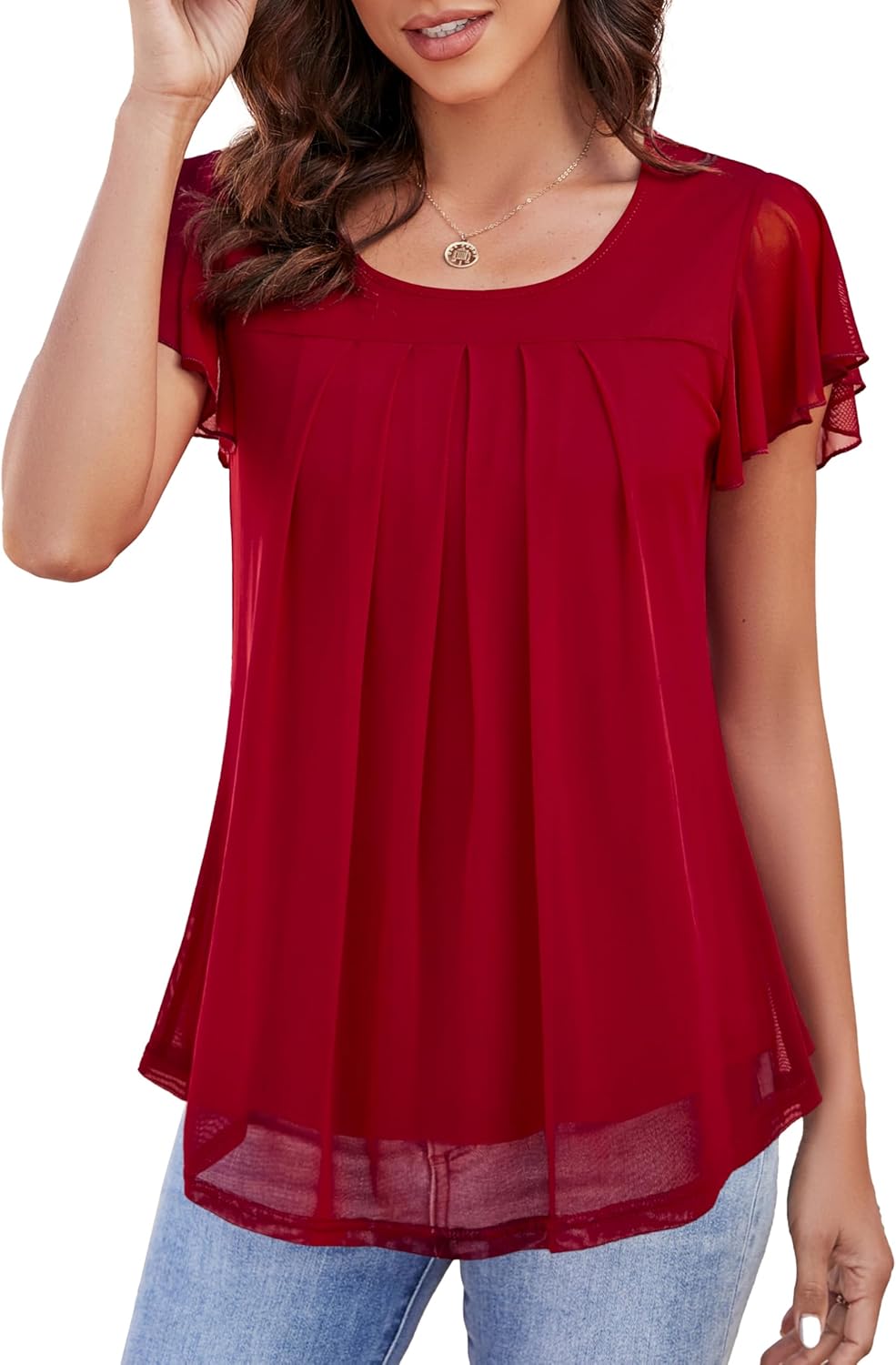 WANGZHI Womens Short Ruffle Sleeve Mesh Tunic Casual Crew Neck Pleated Tops Loose Flowy Blouse Summer Shirt 2025