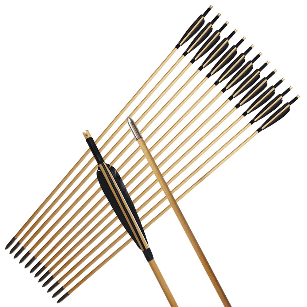 33inch Wooden Arrows Handmade Tradition Target Arrows with Turkey Feather Fletching with Field Points for Recurve Bow Longbow Archery Practice 12PACK
