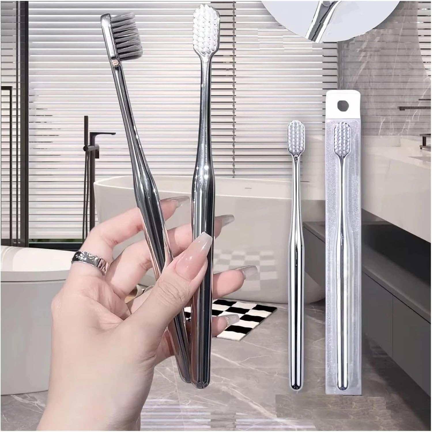 Luxury Toothbrush Gold Silver Tooth Brush Adult Brushes Middle Hard Bristles Elegance Shining Toothbrushes(Silver-2pcs)