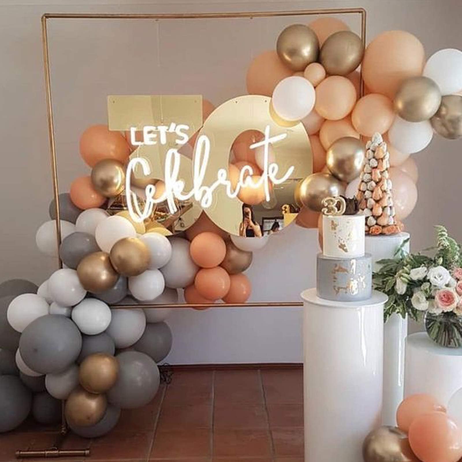 Soonlyn Natural Balloon Garland Kit 100 Pcs 12 In Orange Peach Blush Gray Gold Metallic White Balloon Arch Kit for Baby Shower, Bridal Shower, Wedding, Birthday Party Decoration