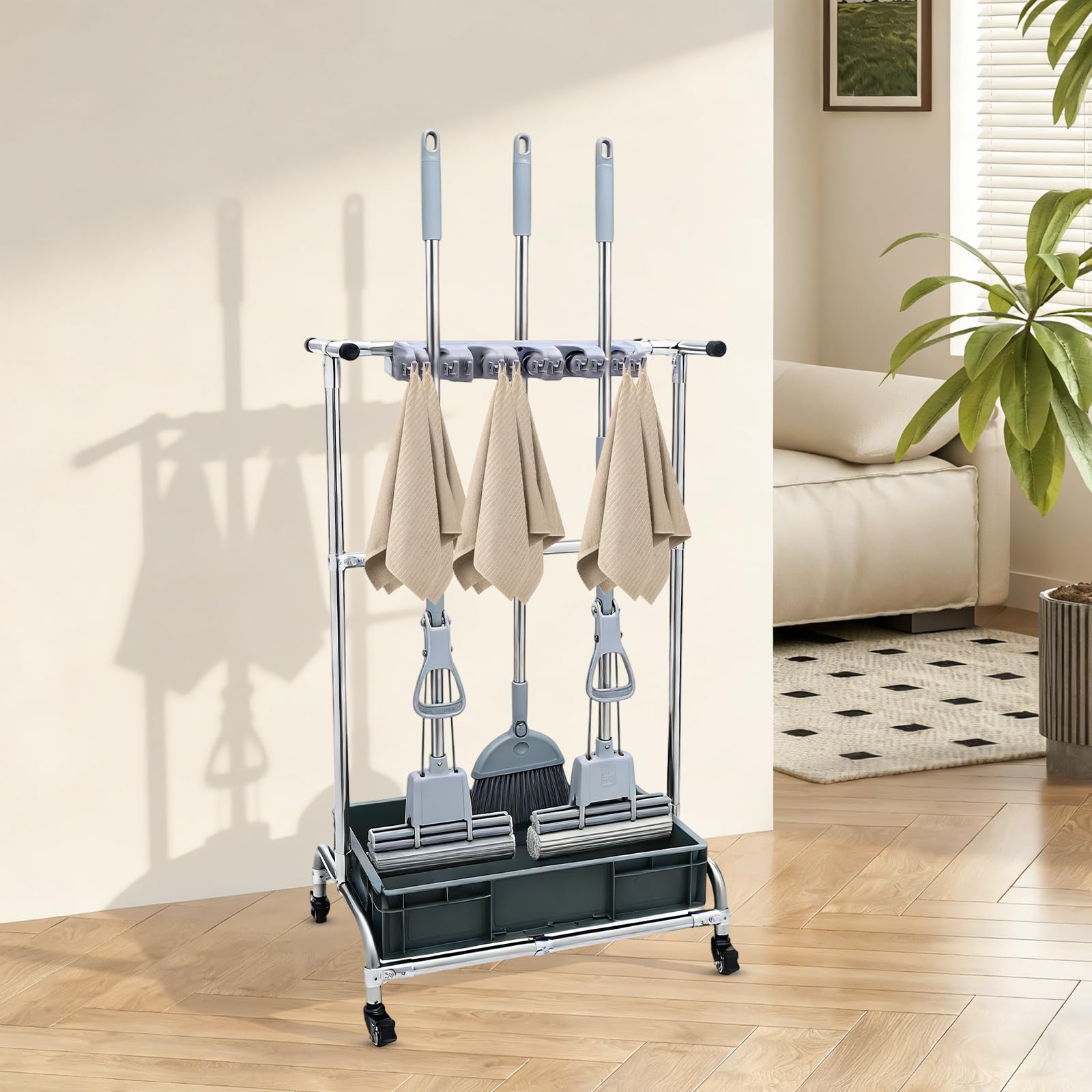 Soporte para escobas y aparatos, soporte para herramientas de jardín, soporte para fregona, con ruedas, 12 ganchos, 10 ranuras, acero inoxidable, 66 x 42 x 110 cm