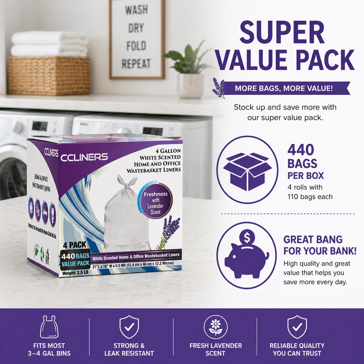 Bolsa de basura de 4 galones con aroma a lavanda (440 unidades) pequeñas bolsas de basura para baño, bolsas de basura blancas para el hogar, la cocina, la oficina (440 bolsas)