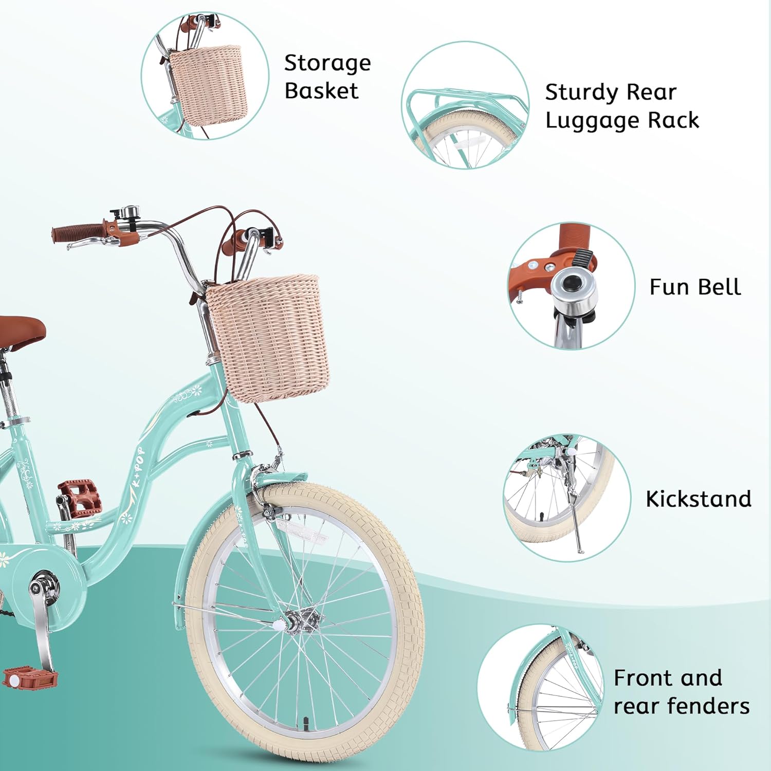 20 Inch Girls Bike Ages 8-12, 20 Inch Bike with Basket and Kickstand, Single Speed Girls Bikes Kids Bicycle with Front and Rear Brakes, Children Bicycles with Bell and Back Seat