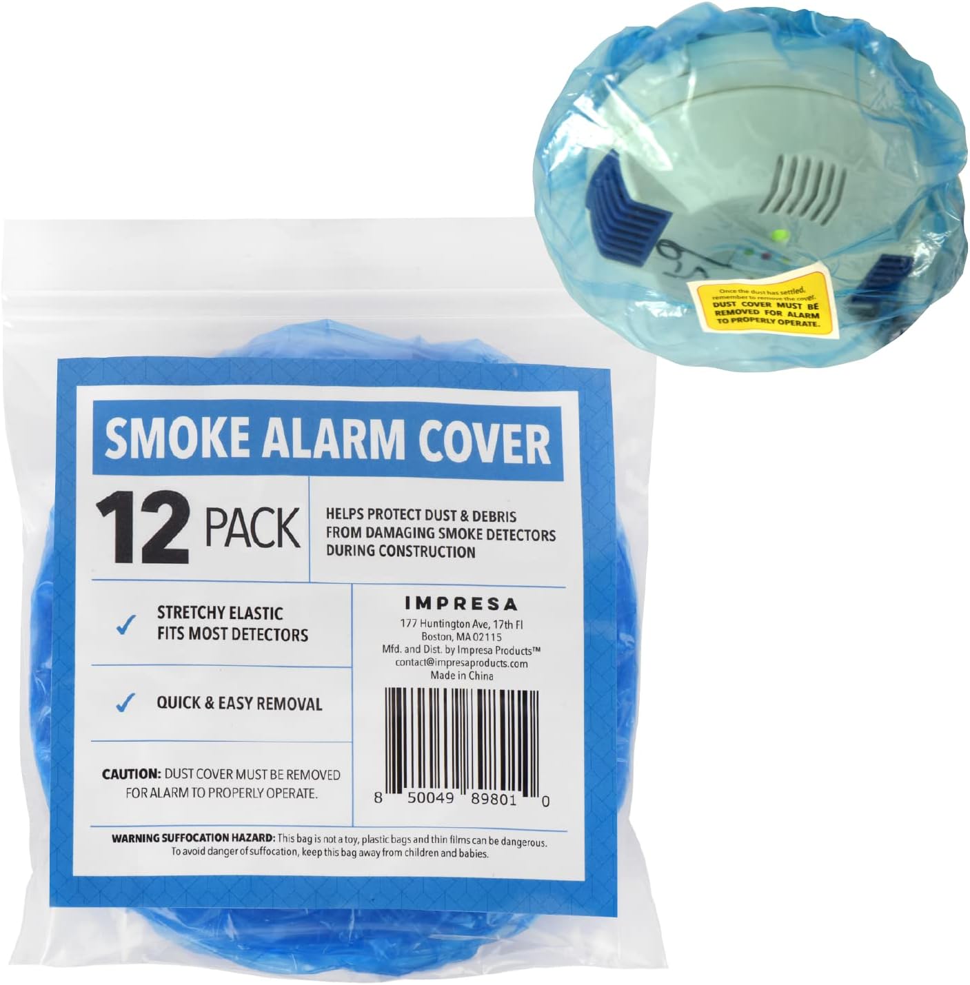 IMPRESA Pack of 12 Temporary Smoke Detector Cover Pack - Dust & Debris Barrier with Smoke Detector Dust Guard - Fire Alarm Cover for Renovation & Cooking - Alarm Caps for Construction