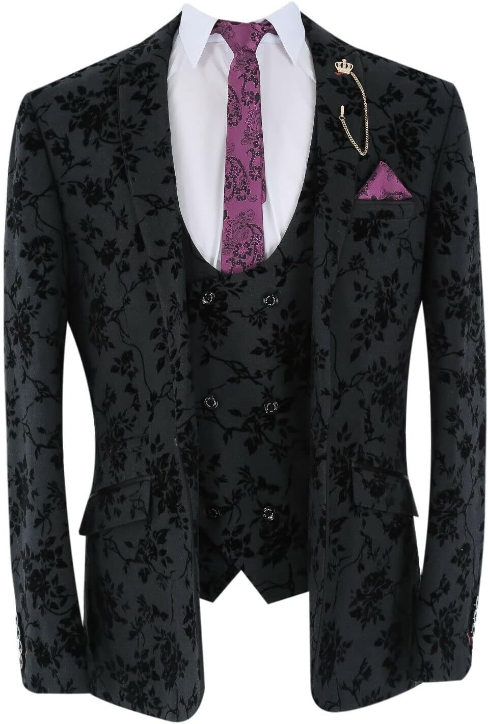 Men’s Velvet Suit Blazer Waistcoat Trouser Sold Separately Formal Floral Embroidered Set in Black