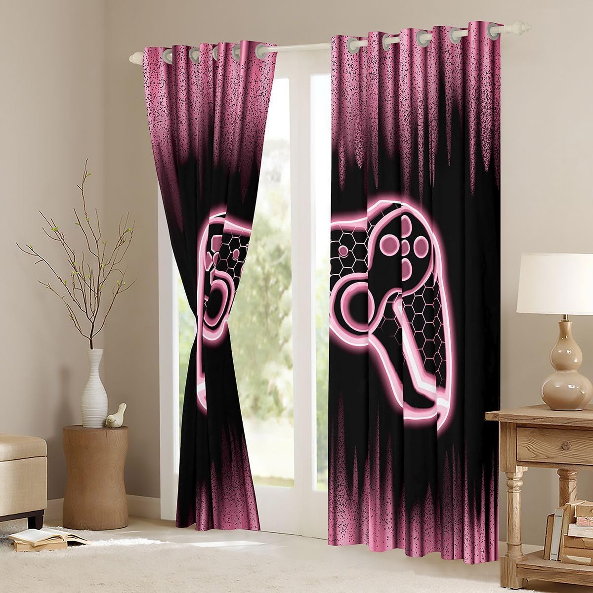 Feelyou Gamer Curtains for Bedroom Living Room (2 Panels, 52 x 63 Inch) Kids Game Controller Blackout Curtains Boys Teens Pink Black Darkening Drapes Gaming Window Treatments