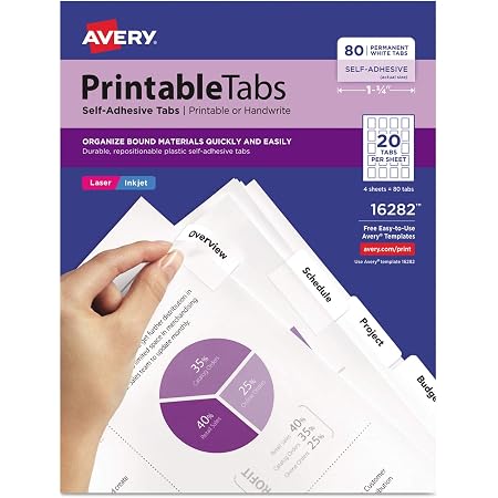 Amazon.com : Avery 16283 Printable Plastic Tabs with Repositionable ...