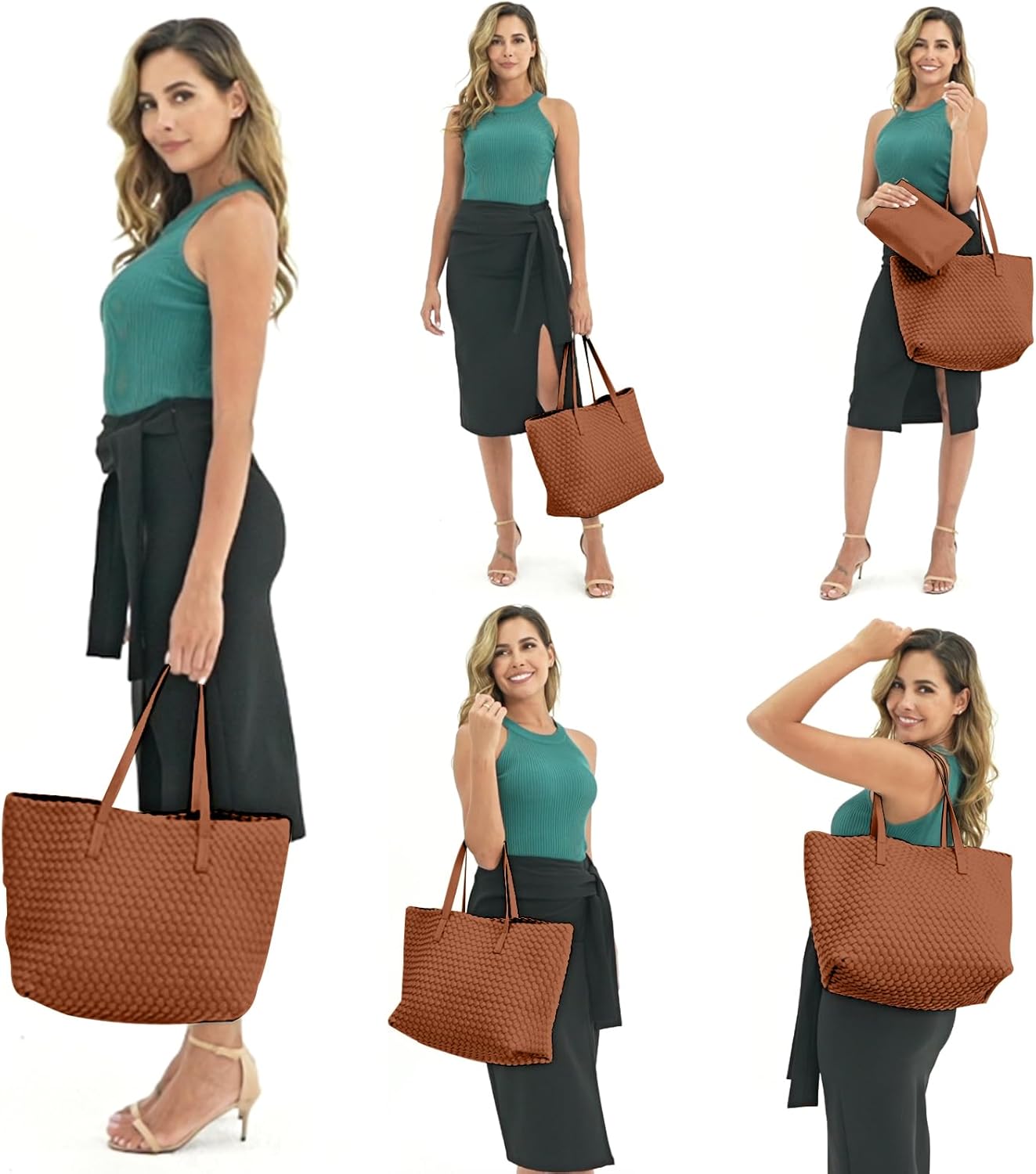 Large Capacity Shoulder Handbag Woven Leather Tote Bag with Matching Pouch Travel Lightweight - Image 6