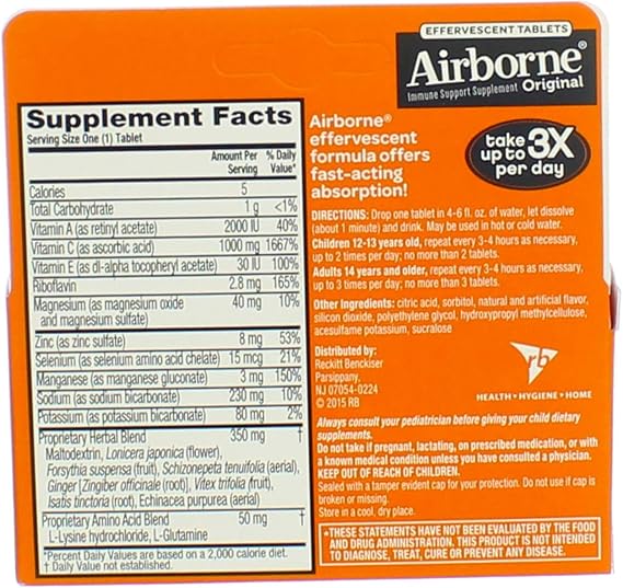Airborne - Effervescent Tablets with Vitamin C - Zesty Orange - 10 Tablets - 4 Pack