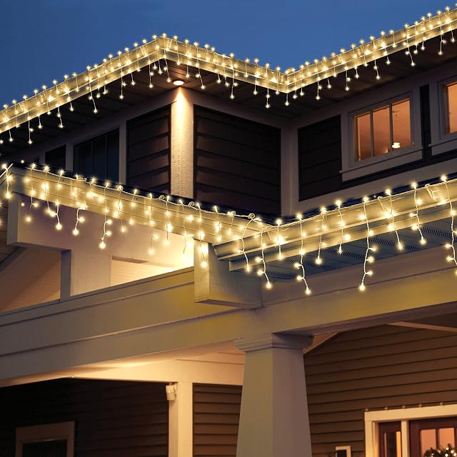 Sumairs Icicle Lights Outdoor, 9M 240 LED Icicle Outdoor Christmas Lights, Icicle Lights Plug in with Memory, 8 Modes Holiday Lighting, Fairy Lights for Home/Party/Christmas Decorations Warm White