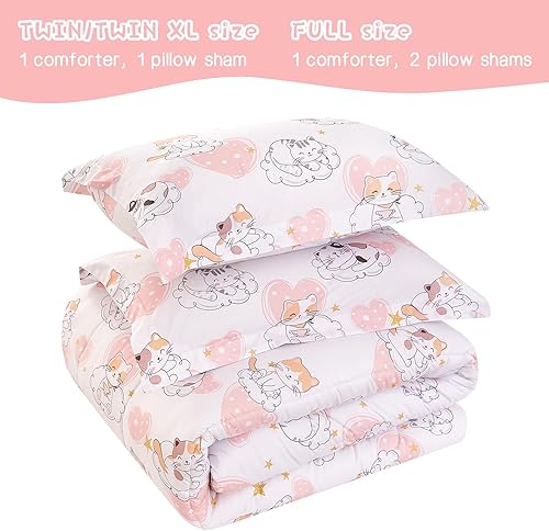 Miniatura 4 de Yibeizi Juego de edredón de gato para niñas tamaño individual, bonito juego de ropa de cama acolchado con estampado de corazón rosa con funda de