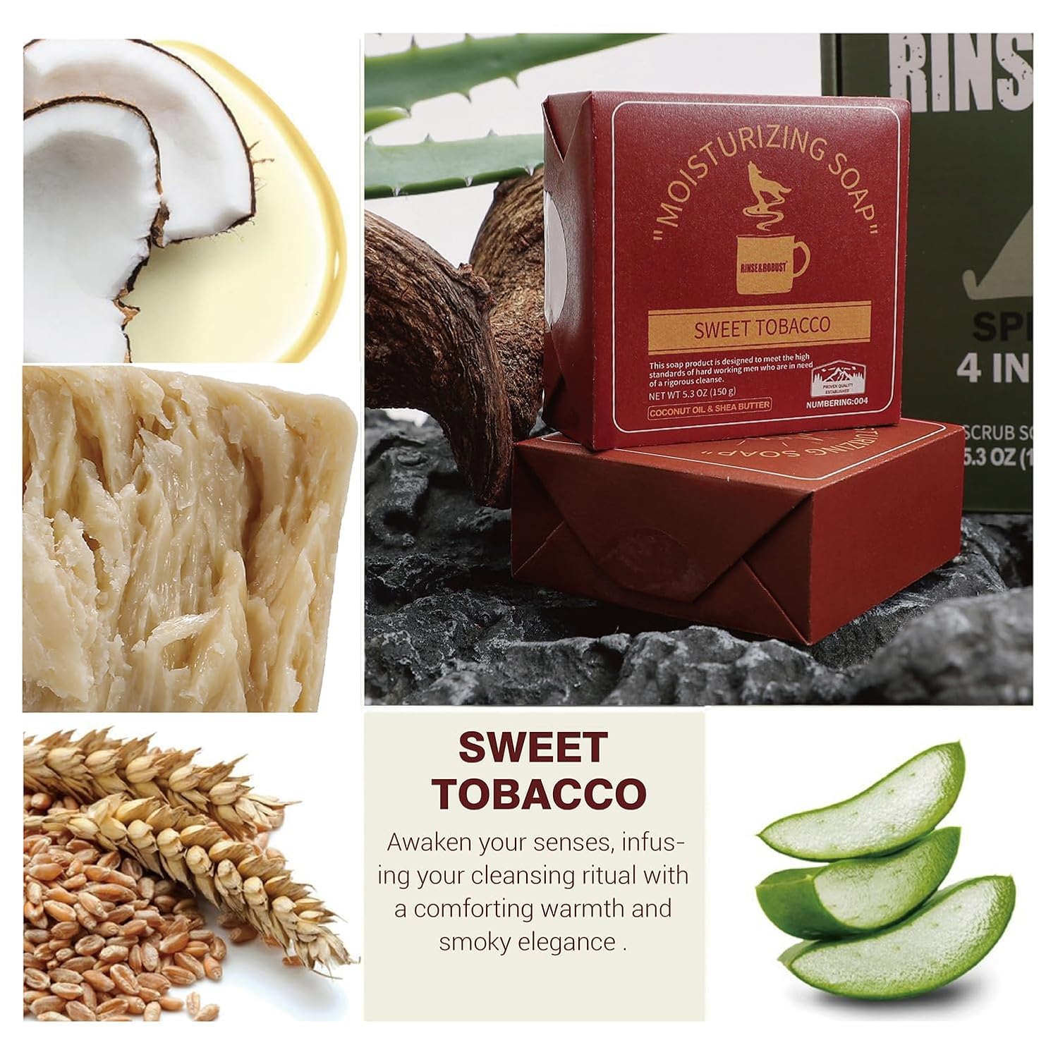 Rinse & Robust Mens Bar Soap Cleansing Bar Moisturizing & Exfoliating Scrub Soap Gift Set for Men | 4 in 1 Face Body Hand Beard Wash | Cinnamon, Lemon Cedar, Mint Ice Chips, Tobacco | 5.3 oz of 4 Bars - Image 3