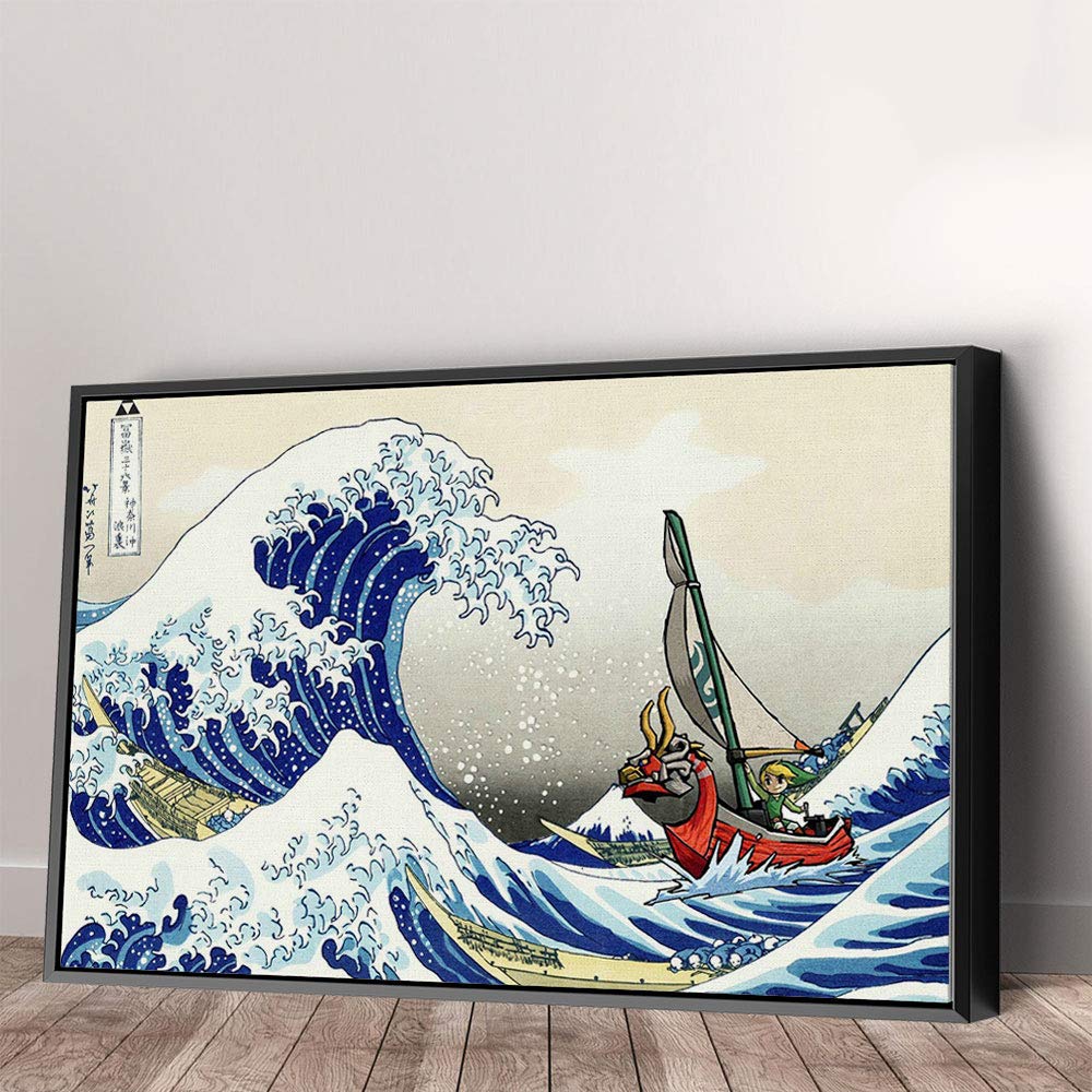 Great Wave of Kanagawa Inspired Cartoon Canvas Wall Art | Japanese Anime Style Ocean Print | Handmade Home Décor – Various Sizes (24in x 18in Modern Black Framed)