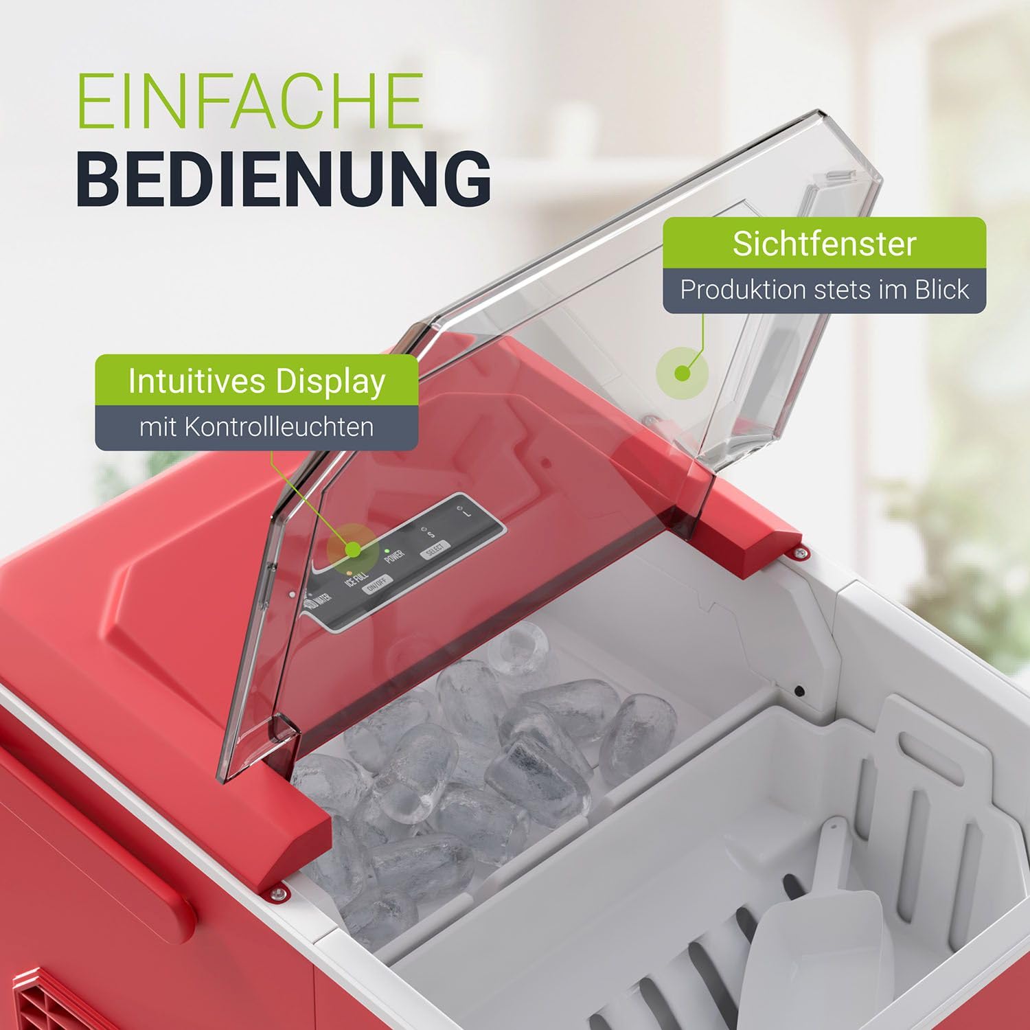 Juskys Eiswürfelmaschine klein mit Eiswürfelbehälter Rot 6-13 min 12 kg/Tag Ice Cube Maker
