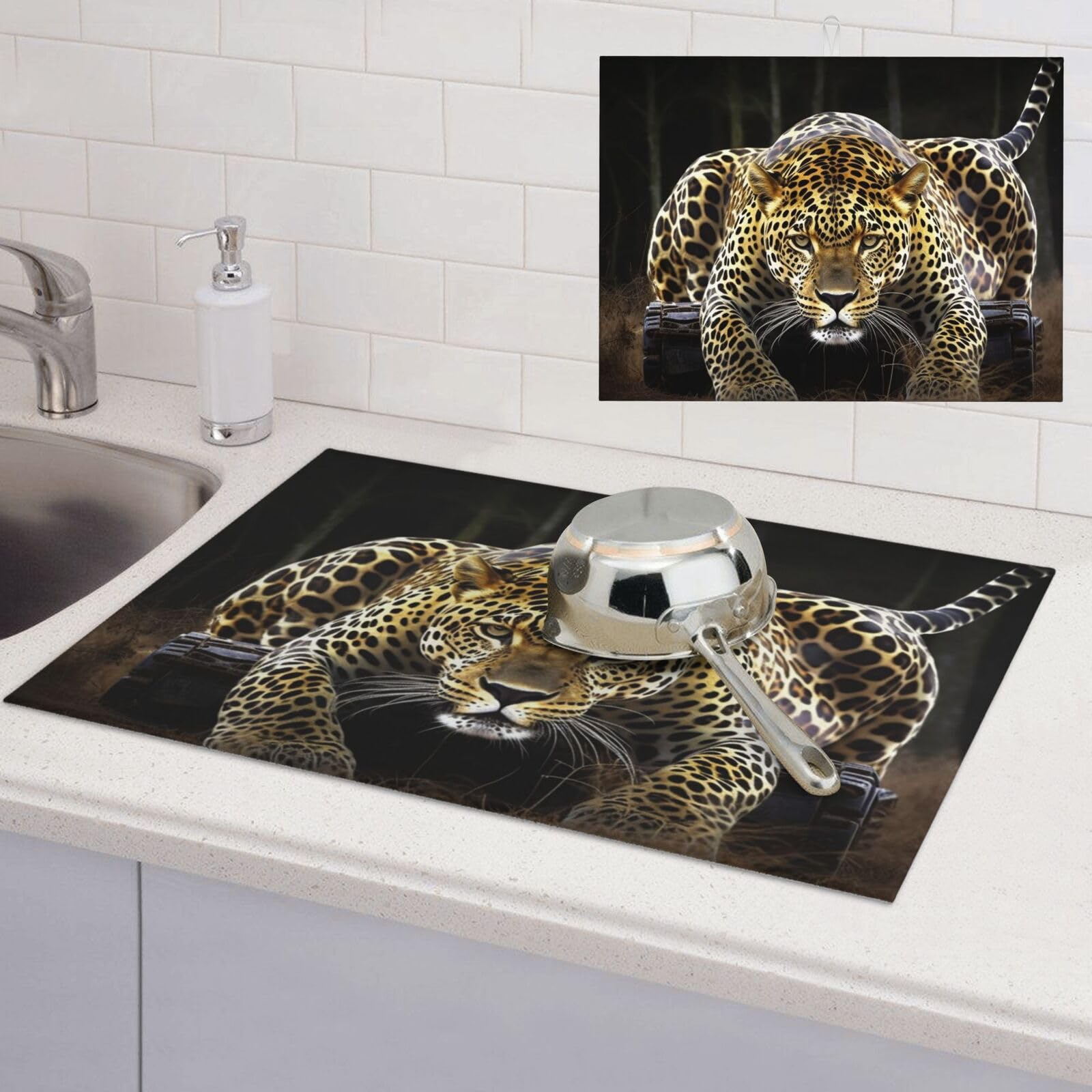 Tapis Séchage Vaisselle Absorbant Lavable - Impression Léopard/tigre Orange Réversible - 45x61 Cm, Antidérapant