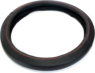 Car Steering Wheel Cover, Microfiber Leather Non-Slip & Breathable Universal Fit for Most Cars, Comfort Grip Cover - Black with Red stitching