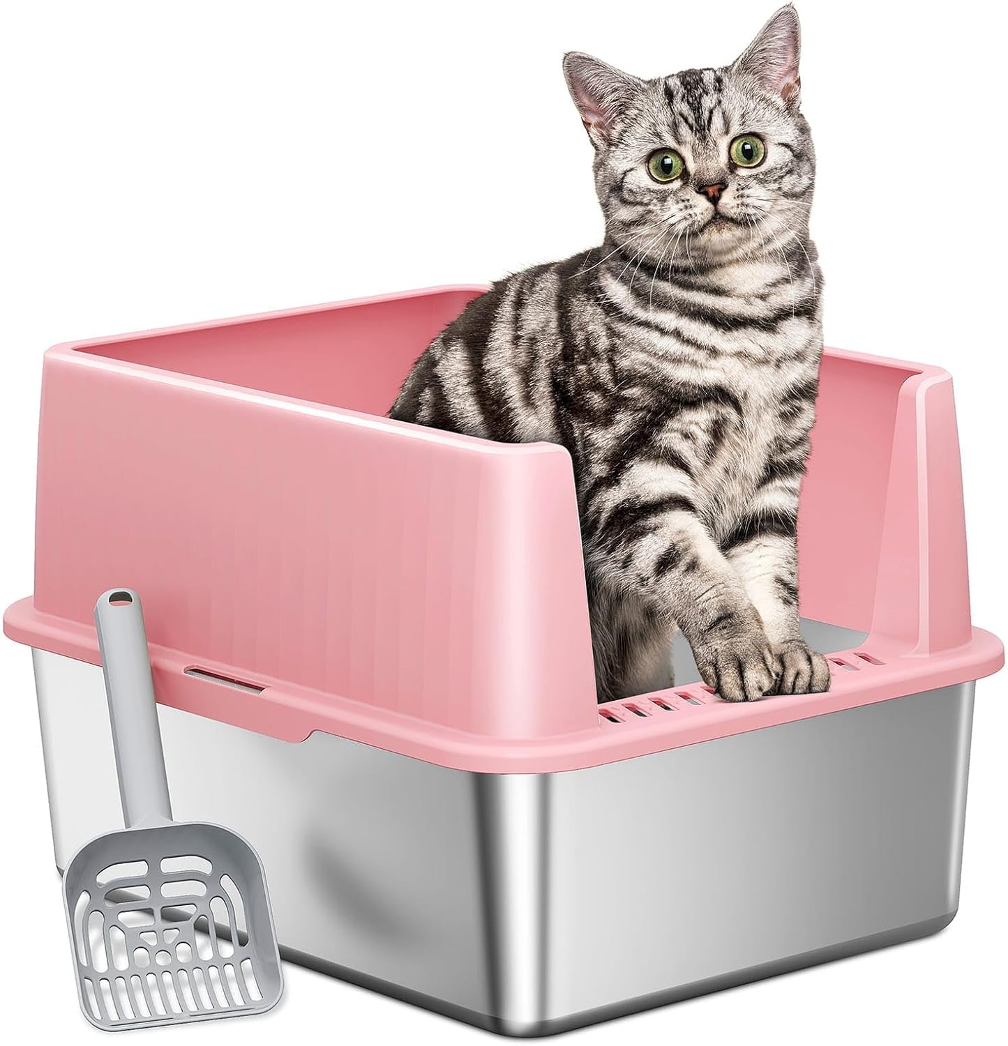ONE PIX Stainless Steel Litter Box, Small Cat Litter Box with Lid, 17" L x 13.3" W x 11.8" H, Metal Litter Box for Kitty Cats with High Sided, Non-Sticky, Odorless, Spill Proof, Pink 17L*13.3W*11.8H Pink
