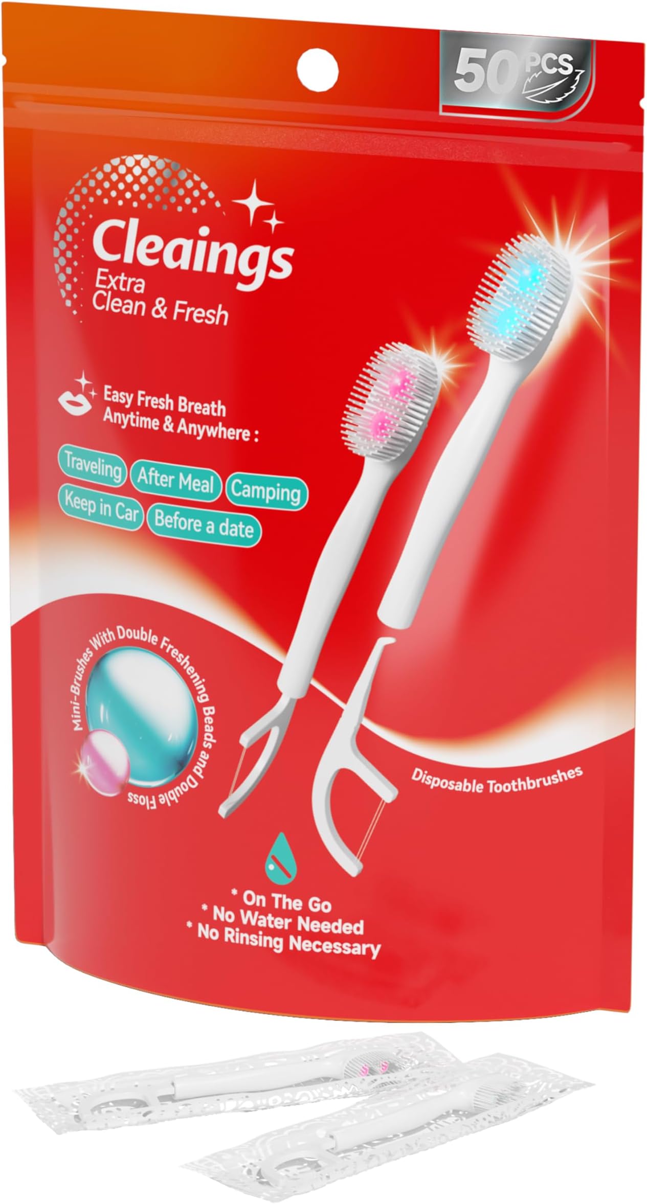cleaings® Disposable Toothbrushes with Double Cleaning Beads Toothpaste and Clean Floss Picks for Work or Travel - 50 pcs-Mix Flavor（Pack of 1）
