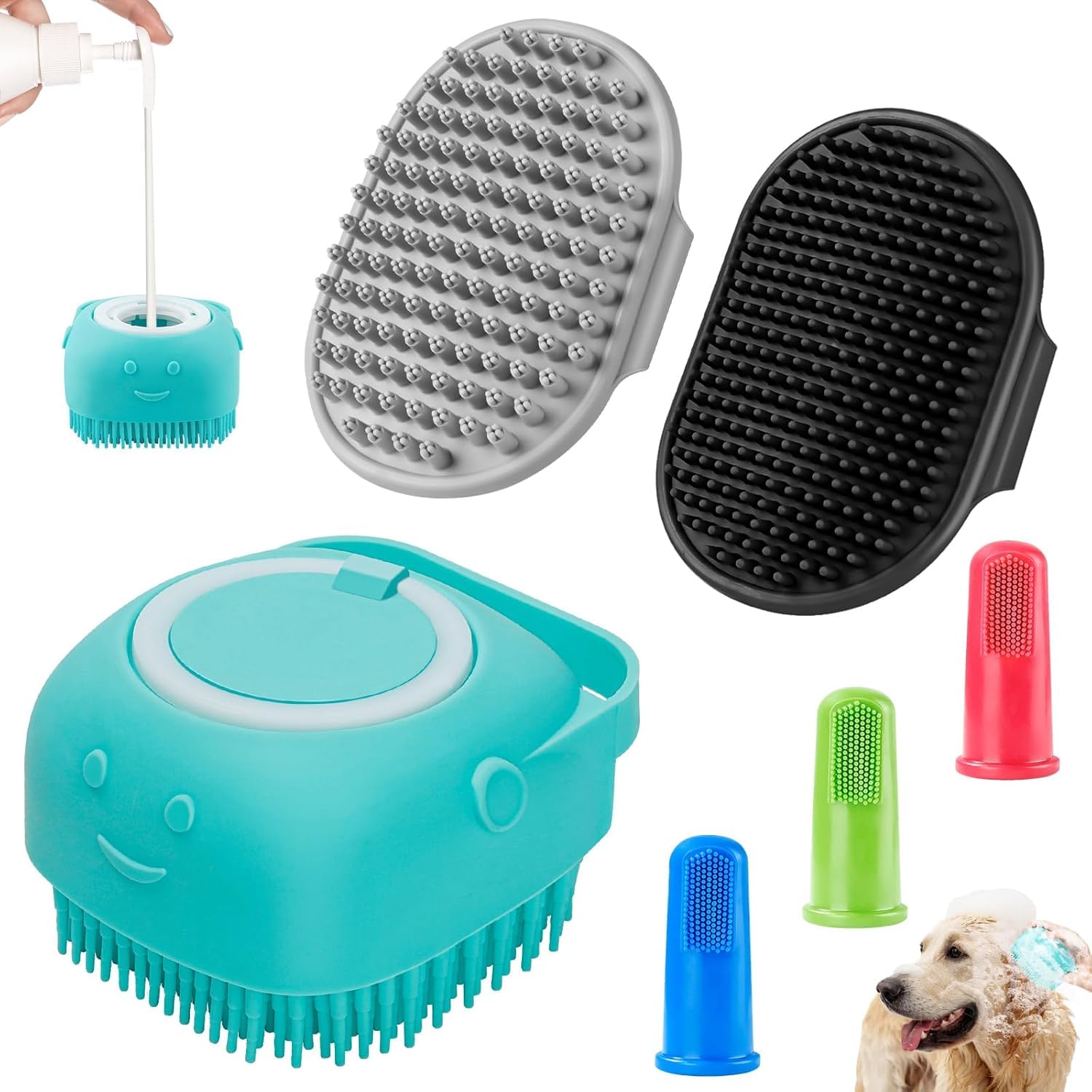 Comotech 6PCS Dog Bath Brush & Dog Toothbrush | Adjustable Handle Shampoo Brush & Scrubber for Short & Long Haired Dogs & Cats | Effectively Solve