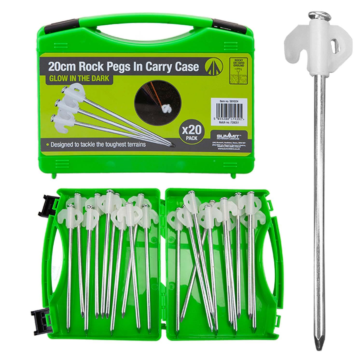 VFM e-Store - Tent Pegs Solid Case Glow In Dark Heavy Duty Rock Pegs Additional Leverage Securely Tie Down- Camping, Travel Holiday Accessories for Summer - 20cm X 4cm Green X 1 Pack Of 20