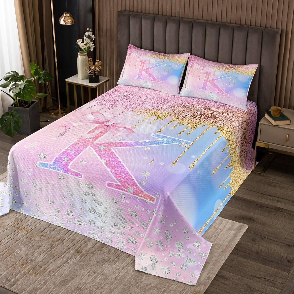 jejeloiu Pink Rose Gold Bedspread for Kids Boys Girls,Queen Size,Glitter Diamond Pattern Coverlet Set,Pink Bow Quilted Coverlet,Personalized Letter K Bedspread Cover Bedroom Decor,Monogrammed