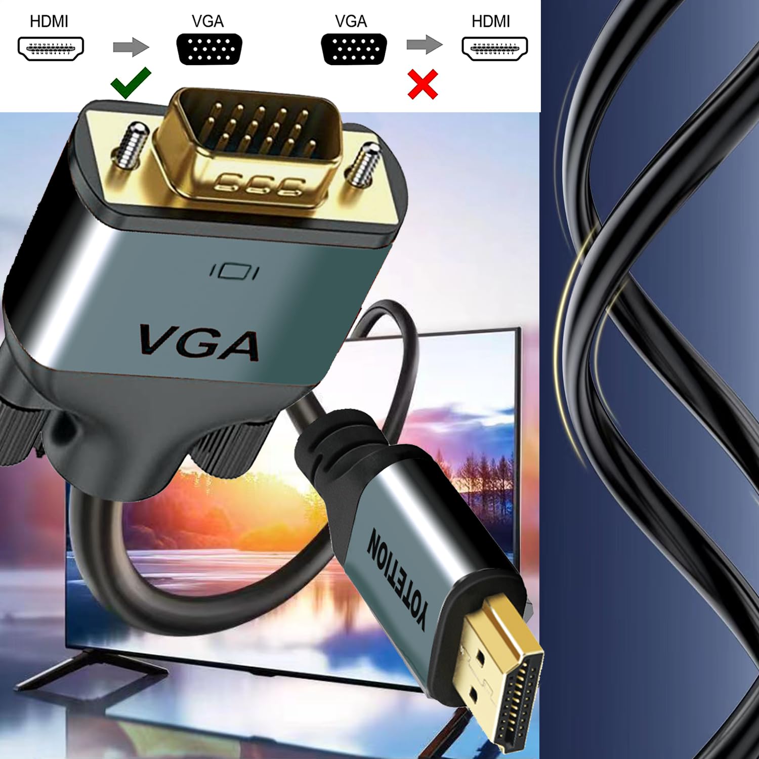 HDMI to VGA 60Ft Cable with IC, Gold-Plated HDMI to VGA Compatible for Computer, Desktop, Laptop, PC, Monitor, Projector,HDTV, Raspberry Pi, Roku, Xbox and More, Green-Gray Aluminum Shell