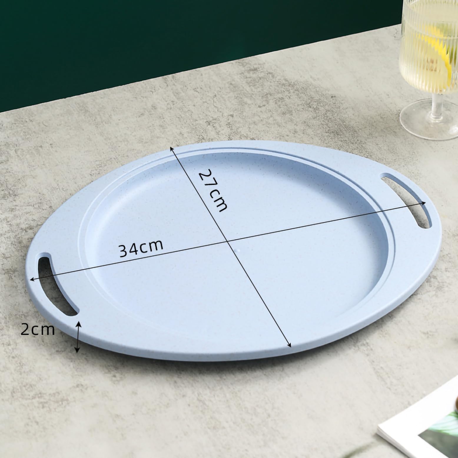 Oicia Wheat Straw Cafeteria Tray Restaurant Serving Trays Serving Platter Unbreakable Deep Dinner Plates Set Wheat Straw Dinnerware Kitchen Plates for Daily Use (34cm, Blue, Set of 2) 1