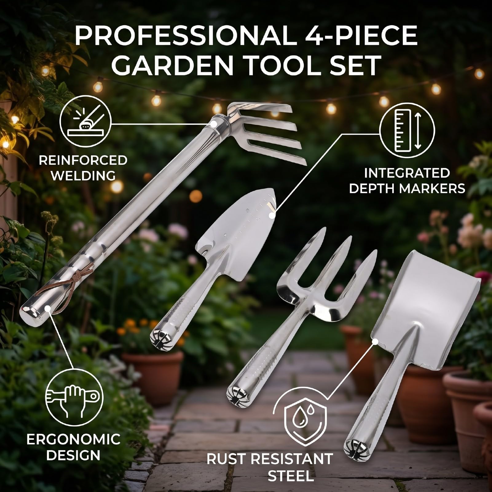 banapoy Set di Attrezzi da Giardino da 4 Pezzi, Utensili Manuali da Giardinaggio in Acciaio Inossidabile con Rastrello a 4 Denti e Manico Ergonomico Antiscivolo, Pale da Giardino in Acciaio