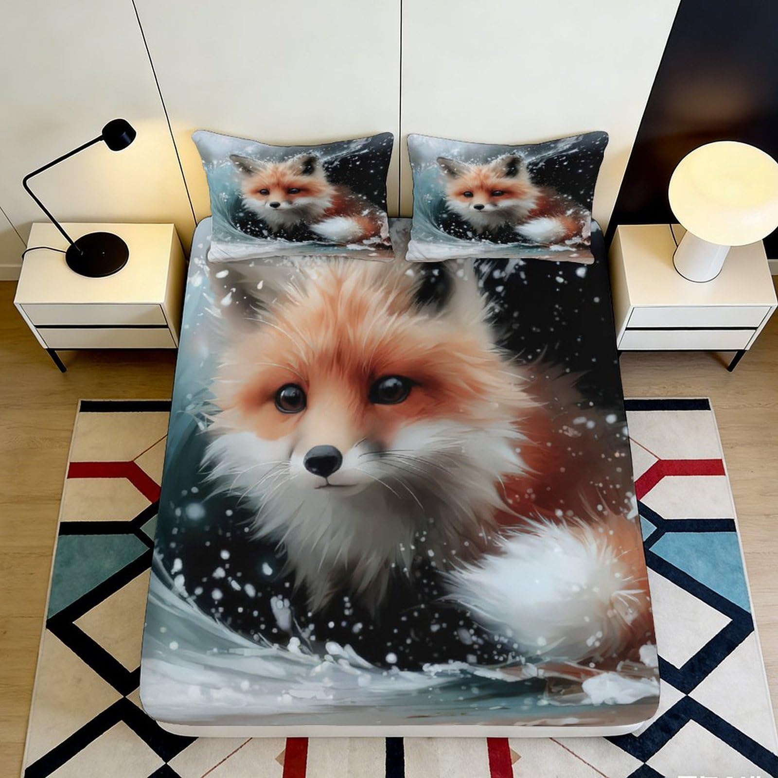 3D Printed Fox in Snow Fitted Sheet Microfiber Soft Breathable Woodland Animal Mattress Cover for Bedroom Dorm Decor 160x200x25cm