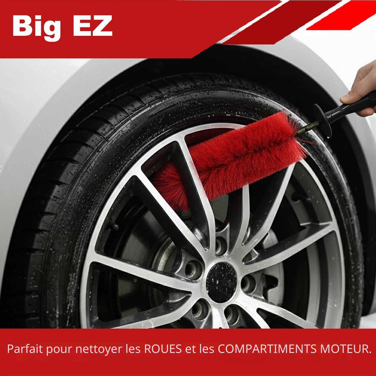 EZ Detail Brush Big – Rouge – Nettoyant pour Jantes de Voiture, vélo, Camion, Moto et Autres véhicules – Outil de Nettoyage Automobile Anti-Rayures pour Atteindre Facilement Les Coins et recoins
