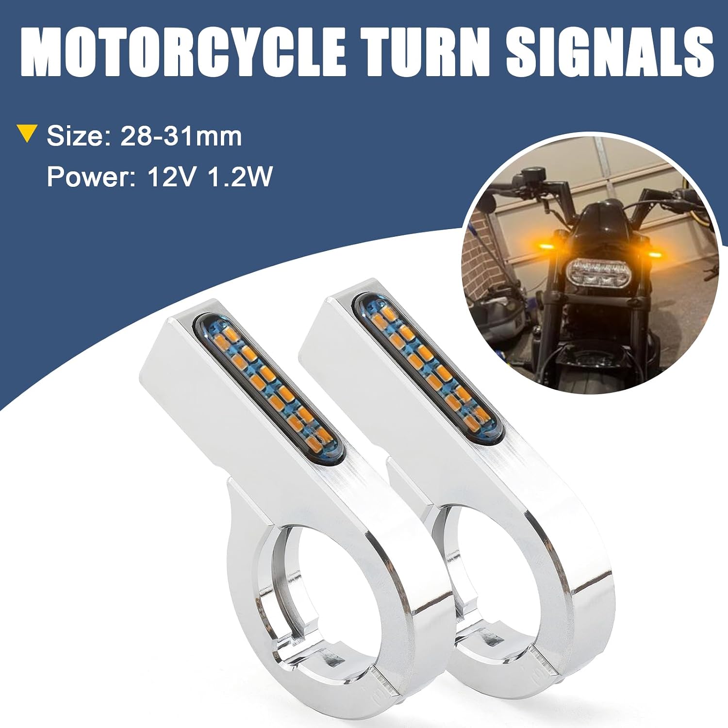 Chrome Motorcycle Turn Signals LED 28-31mm Front Fork Turn Signal Lights Indicator Clamps Amber Lamp 12V Fit for Harley Honda Yamaha Kawasaki Suzuki Indian Cafe Racer Chopper Bobber Custom