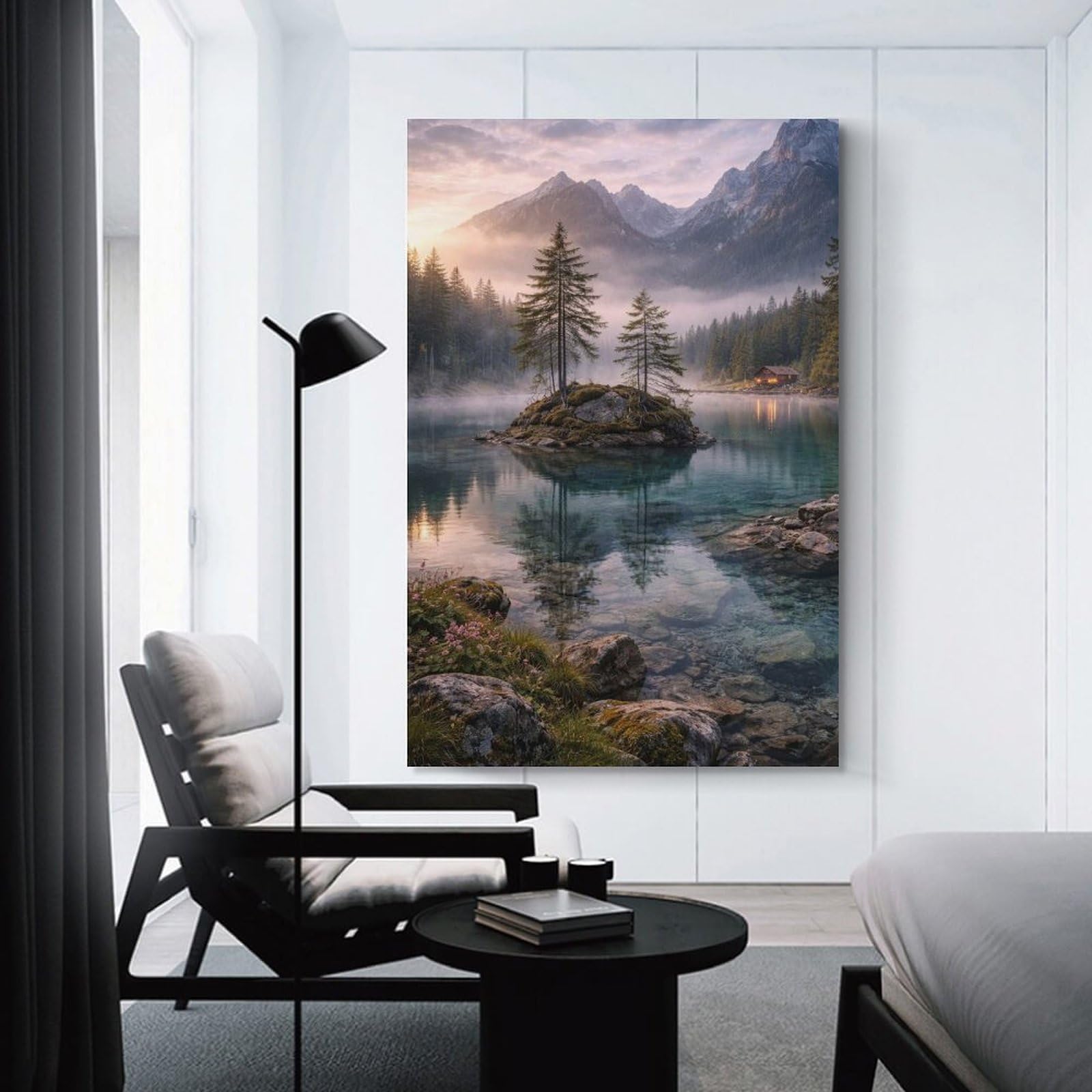 Junmoney Unframe-Style-4 Misty Mountain Lake Sunrise Canvas Wall Art, 24X36inch(60X90cm), For Living Room, Bedroom Or Apartment Walls, Decorative Artwork For Empty Walls