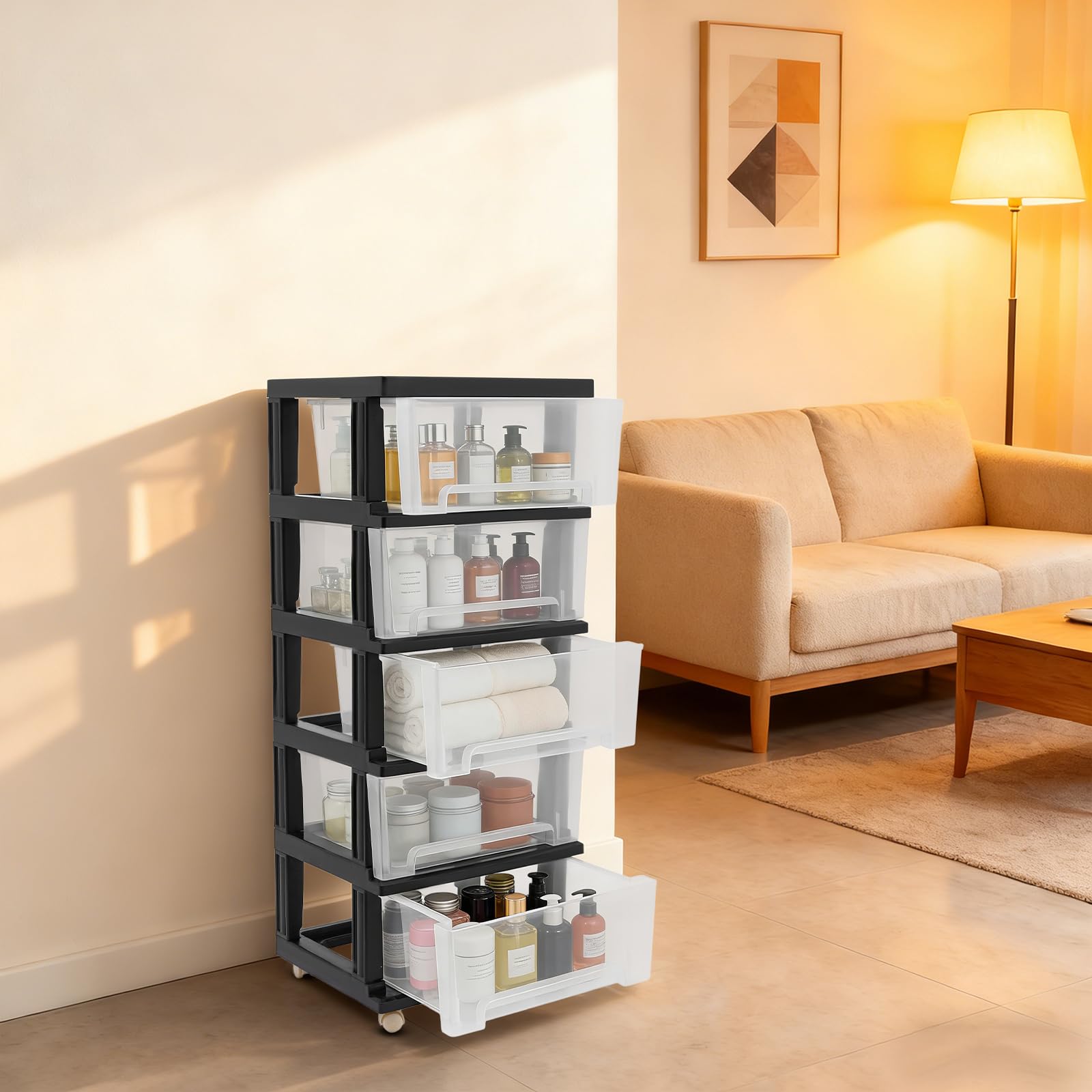 Cassettiera in plastica a 5 ripiani, 40 x 33 x 98 cm, contenitore trasparente arrotolabile, maniglie per la conservazione di libri, corsi, documenti, accessori (nero)