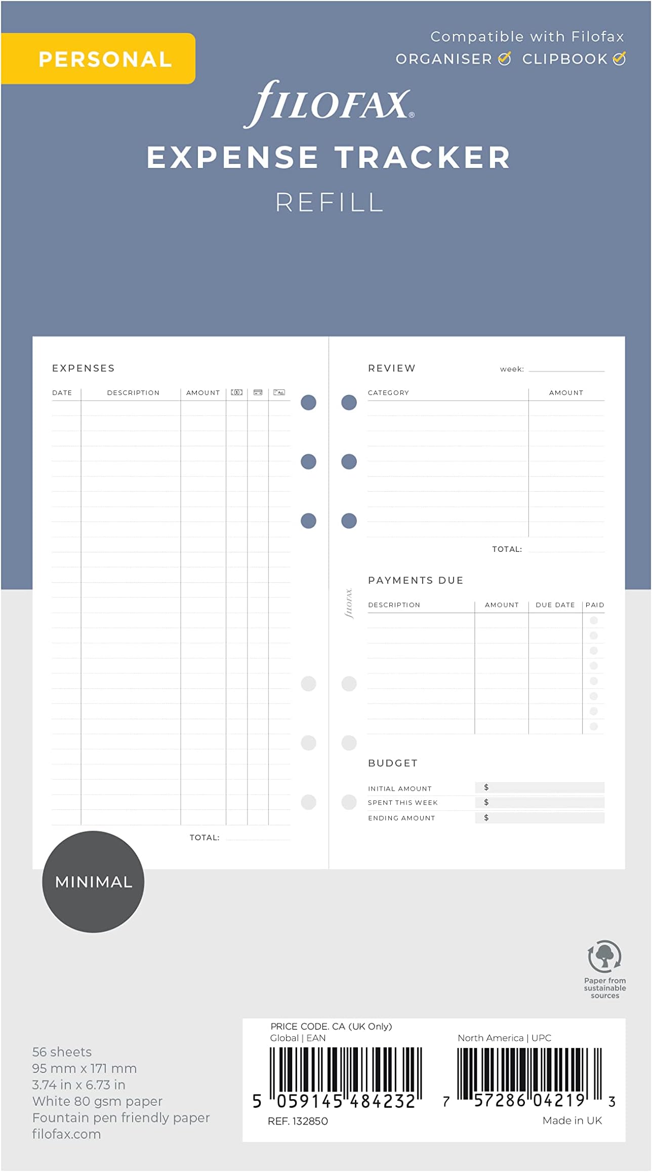 Lifestyle Refill, Personal Size, Organizer Refill, White Paper, Expense Tracker, 56 Sheets (B132850)