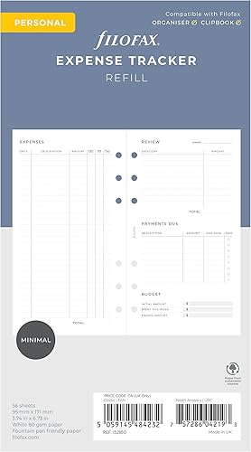 Filofax Recambio de estilo de vida, tamaño personal, repuesto organizador, papel blanco, rastreador de gastos, 56 hojas (B132850)