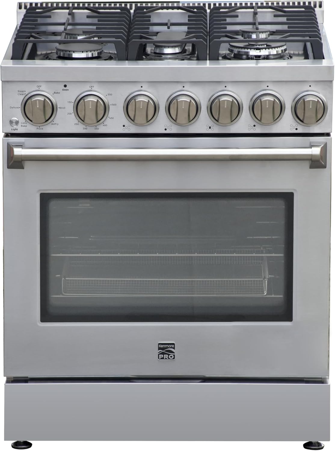 Kenmore PRO 30" Front Control Freestanding Gas Range, 5.0 Cu. Ft Oven With True Convection & Air Fry, 5 Burner Cooktop, 7 Function Convection Oven With Pizza, Defrost & Steam Clean, Stainless Steel