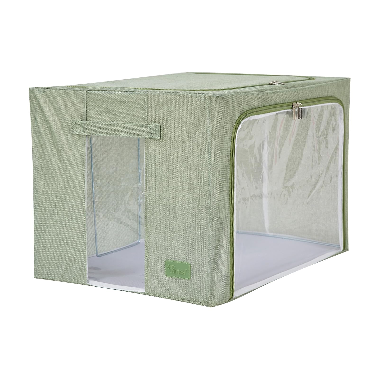 Periea ‘Beau’ Folding Collapsible Stackable Fabric Home Storage Boxes with Steel Frames (Sage Hemp, Large)