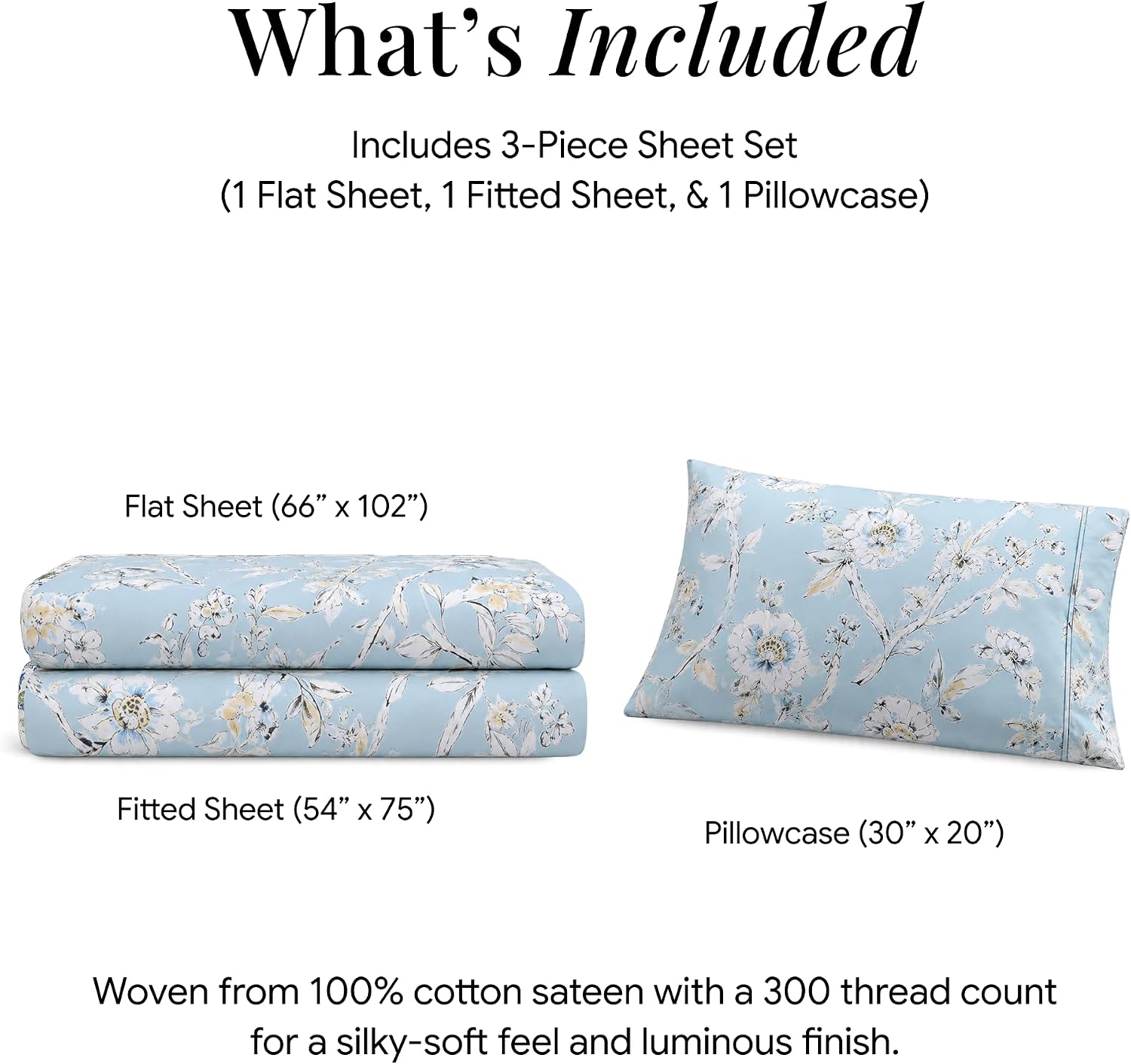 Tribeca Living Deep Pocket Twin XL Size Sheet Set - 300 Thread Count Cotton Sateen Sheets with 22-Inch Extra Deep Pockets, Oeko-Tex Certified, 3 Bedding Set in Colmar Sky Blue/Multi Print
