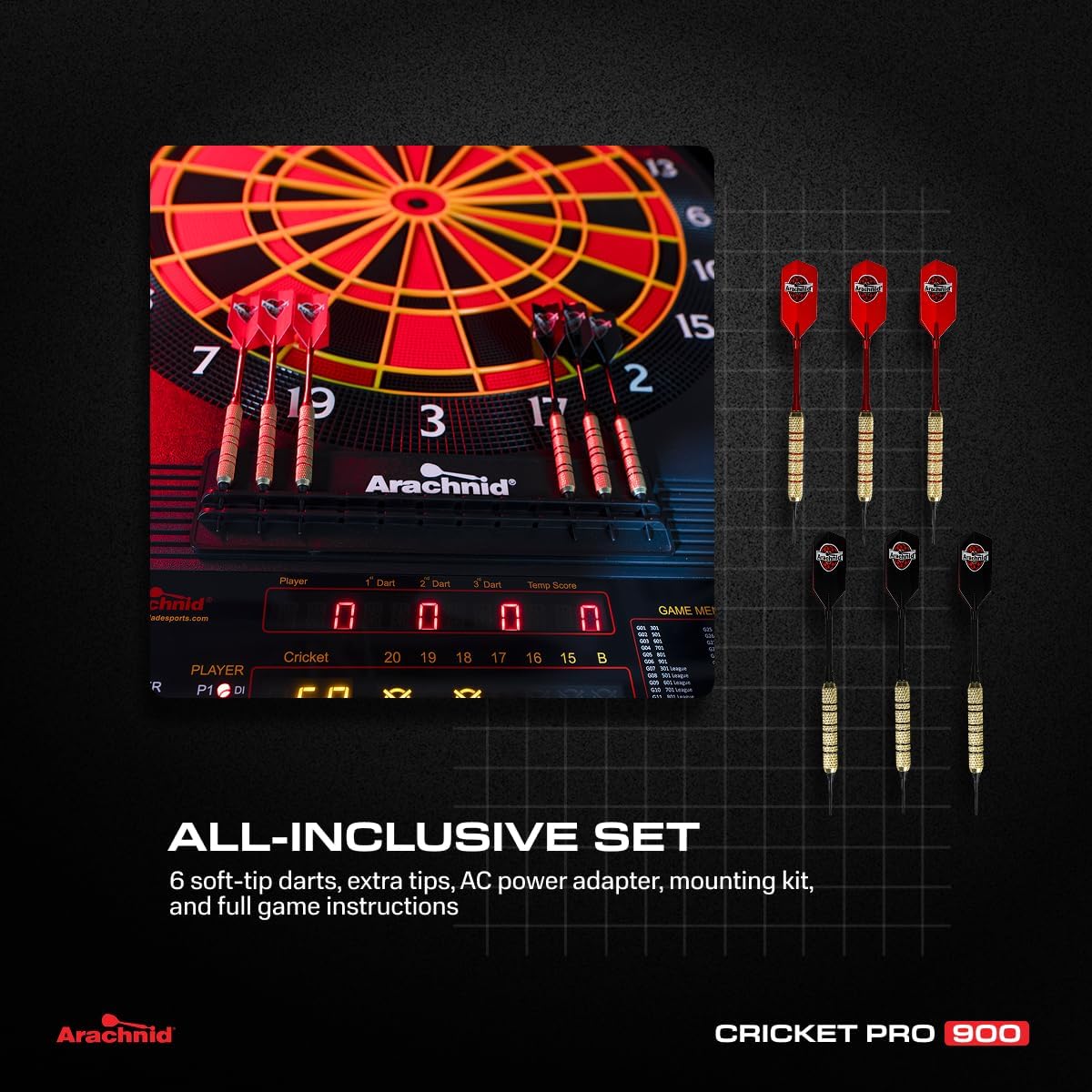 Cricket Pro 900 by Arachnid- Talking Electronic Dartboard, 15.5" Target Area, Up to 8 Player Score Display, Solo Play, MPR and PPD Scoring, 8 New Games, Includes Soft Tip Darts and Extra Tips