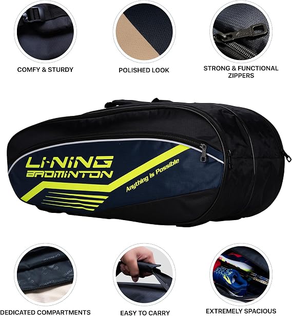 Li-Ning Hot Shot Triple Zipper Polyester Badminton Kit Bag | Easy - Access Compartments | Spacious | Unisex - Men, Boys, Girls, Women