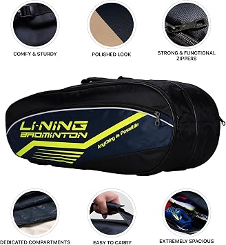 Li-Ning Hot Shot Triple Zipper Polyester Badminton Kit Bag | Easy - Access Compartments | Spacious | Unisex - Men, Boys, Girls, Women
