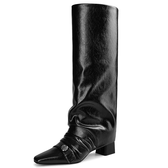 Knee High Boots Women Chunky High Heels Fold Over Shark Boots Square Toe Wide Calf Tall Boots For