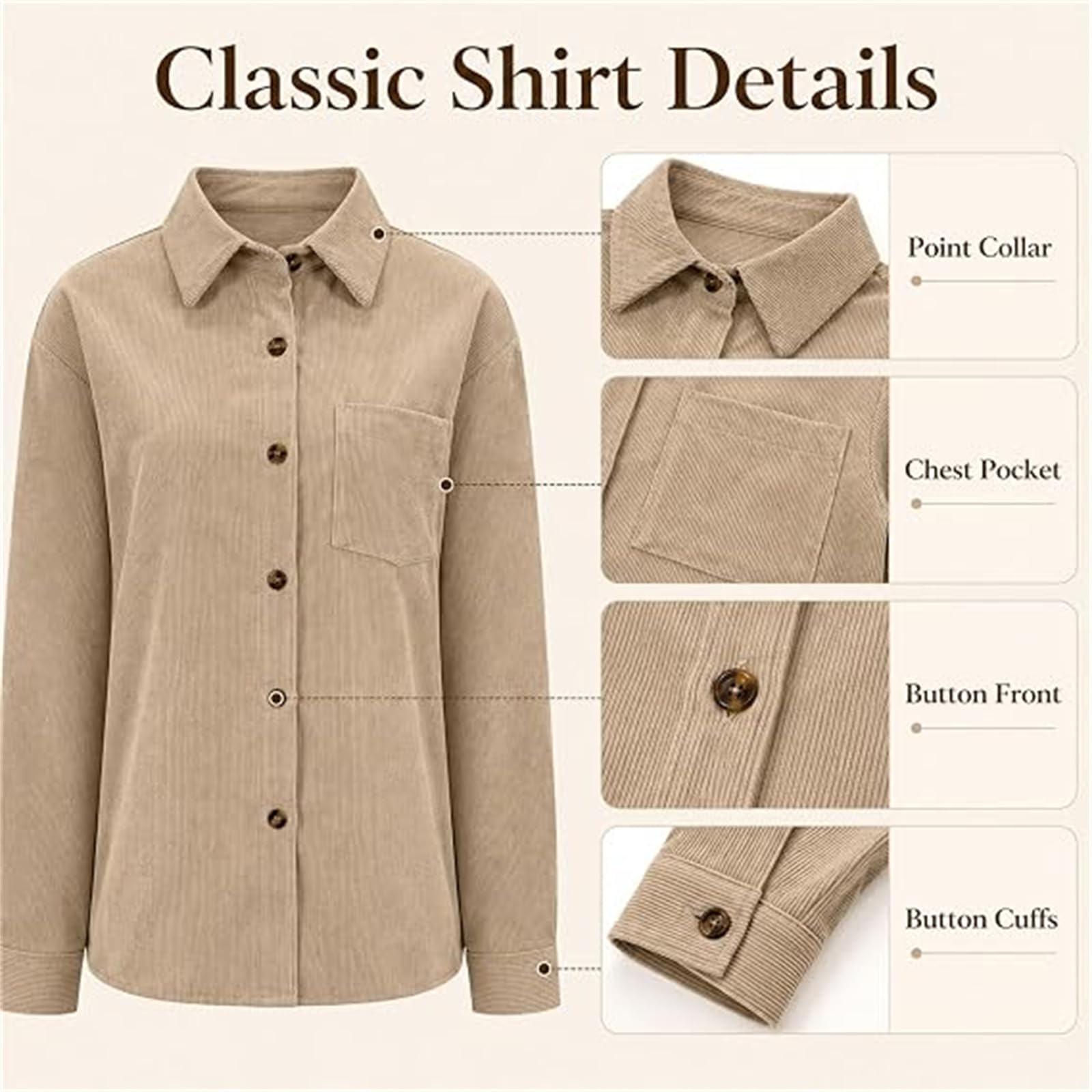 Generisch Camicia da donna a coste con colletto, abbottonatura, maniche