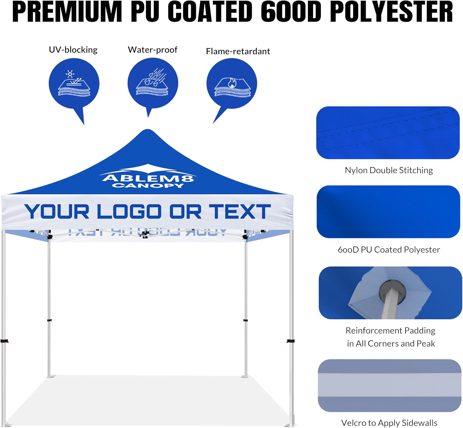 ABLEM8CANOPYCustom 10x10 Pop Up Canopy Tent with Logo, Heavy Duty 600D Waterproof Commercial Canopy, Aluminum Frame Instant Setup Tent for Outdoor Events, Vendor, Trade Show, Market Stall