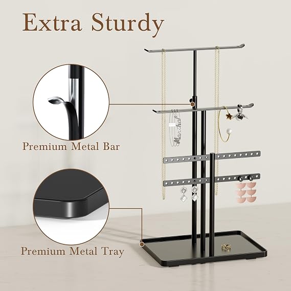 susswiff Jewelry Holder Organizer Stand - Adjustable Jewelry Tree 17.5 Height (Max), Jewlery Hanger for Necklaces, Bracelets, Earrings, Aesthetic for Storage and Display, Metal, Black
