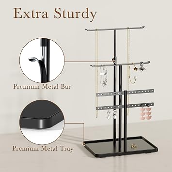 susswiff Jewelry Holder Organizer Stand - Adjustable Jewelry Tree 17.5 Height (Max), Jewlery Hanger for Necklaces, Bracelets, Earrings, Aesthetic for Storage and Display, Metal, Black