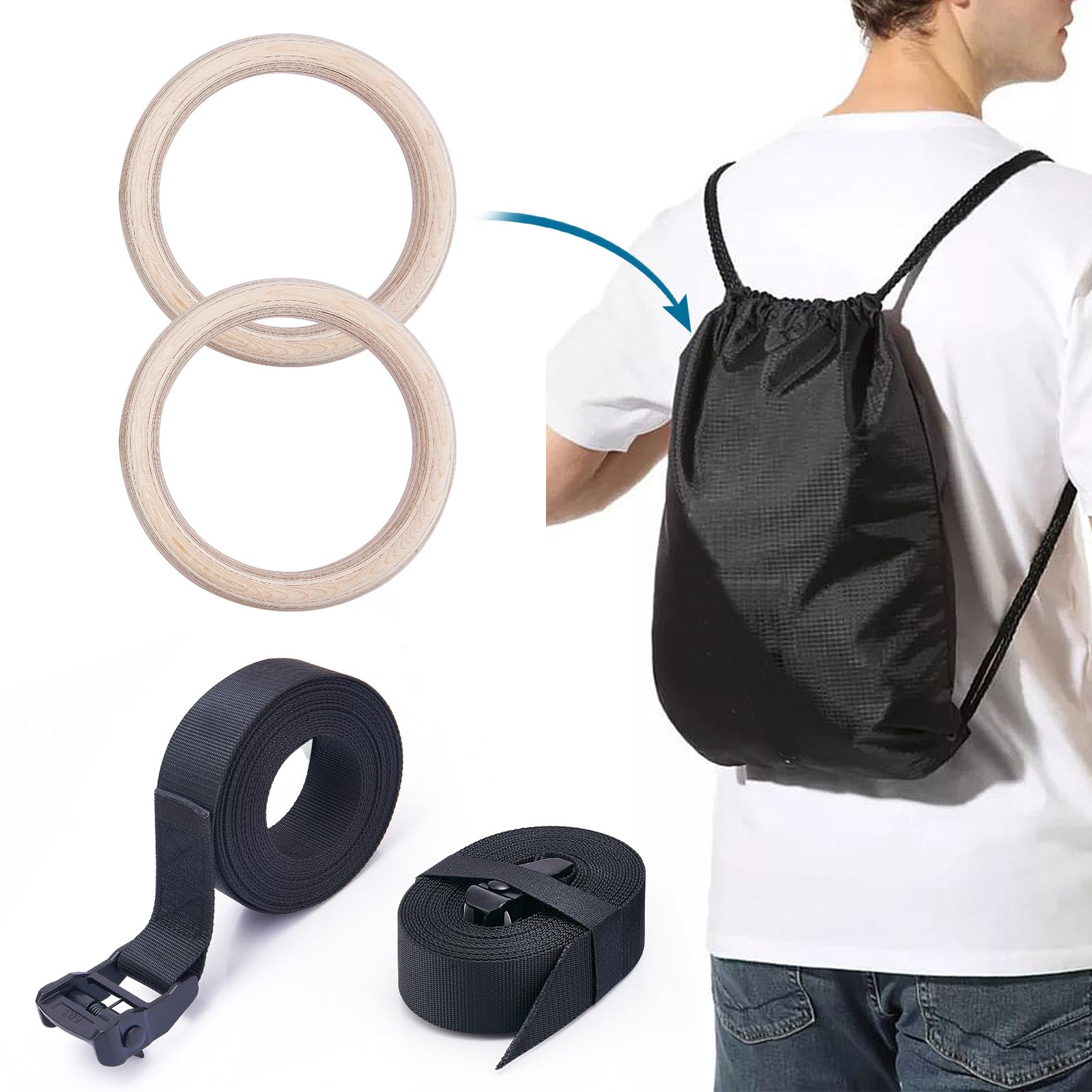 Anelli da Ginnastica in Legno, Anelli Calisthenics,Anelli Palestra con Cinghie e Borsa,Anelli da Ginnastica Legno,Allenamento per Palestra di Casa & Fitness,Spessore 28 mm, Cinghie Regolabili