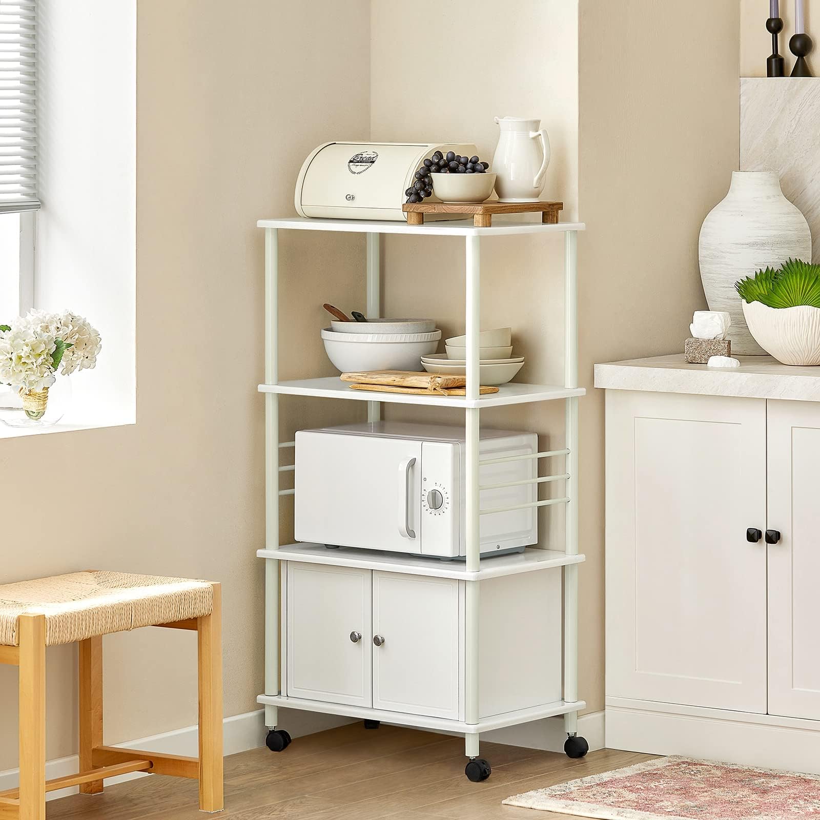 SoBuy Carrito Cocina con 3 Estantes & 2 Puertas, microondas, 60×115×40cm | Mueble Microondas con Ruedas, fácil mover & bloquear, barras laterales anticaída, MDF/metal, para cocina & comedor, FRG12-W