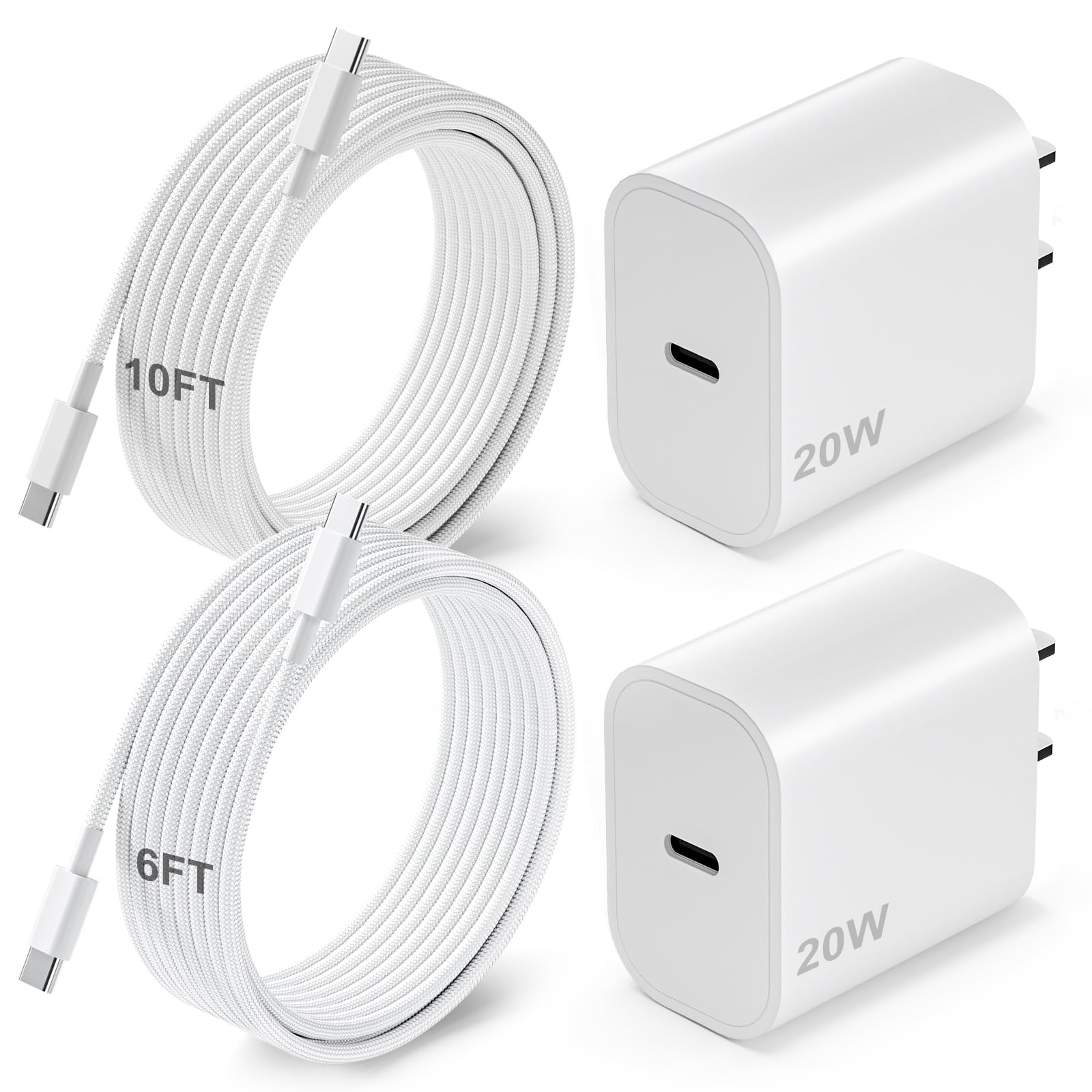 for iPhone 17 16 15 Charger, 20W USB C Fast Charger Block with 【Nylon Braided】 USB C 6FT&10FT Cable for iPhone 17 16 15/Pro/Pro Max/Plus/iPad Pro/Air 2024 et 10e génération, Fast Charging