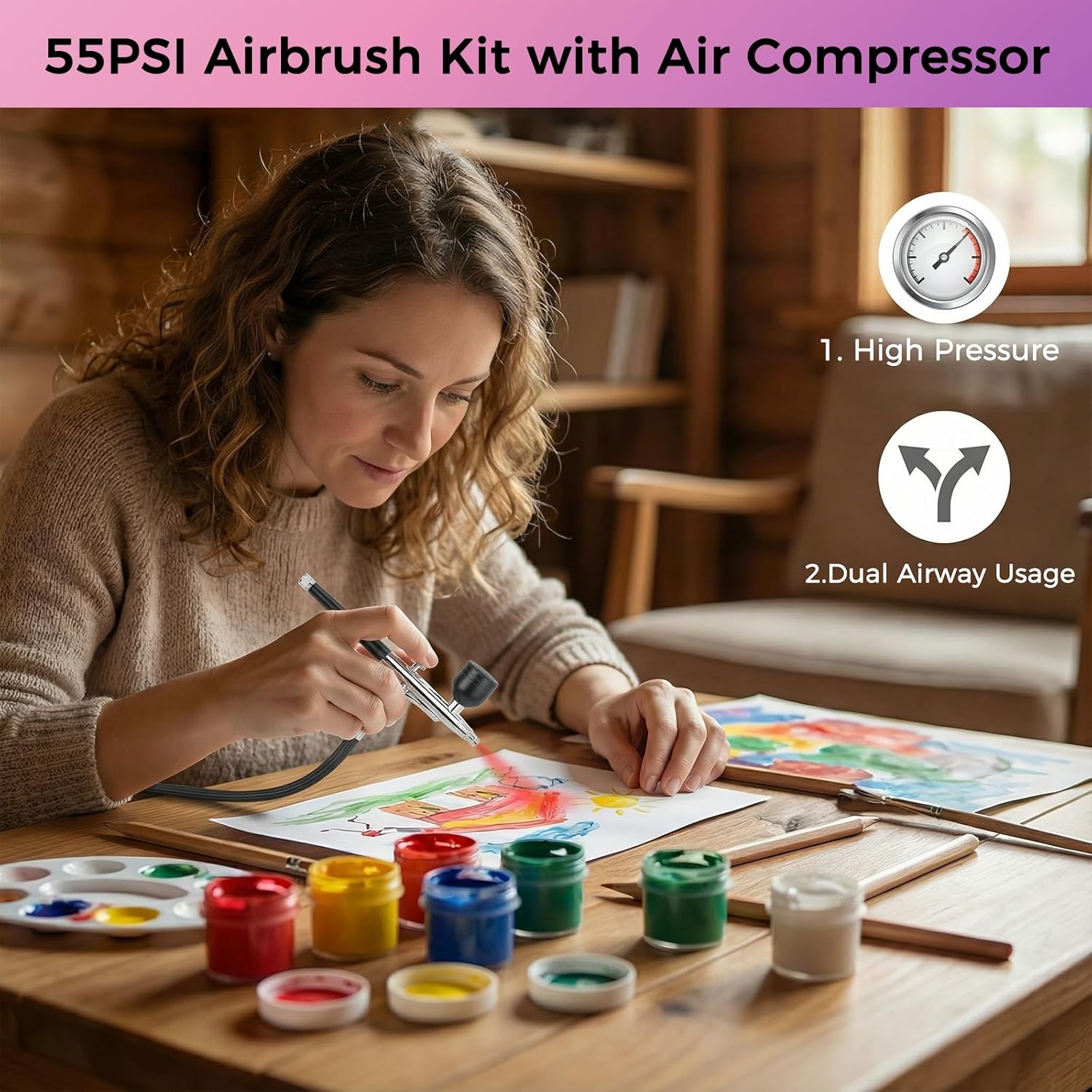 55 PSI Airbrush Kit with Air Compressor, Switchable Single/Dual Airflow, High Pressure Air Brush Gun with 0.2/0.3/0.5mm Nozzles & Cleaning Sets for Painting, Modeling, Cake Decor, Makeup, Nails Art